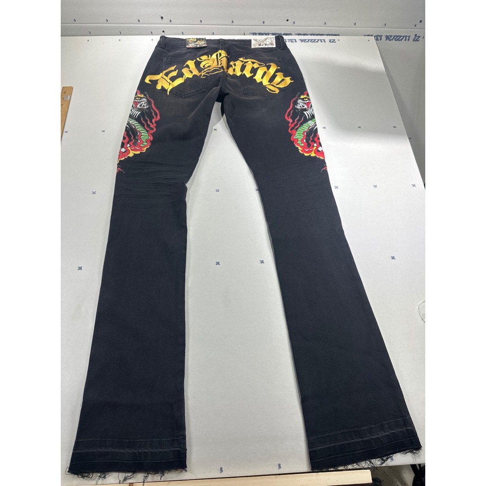 Ed Hardy Mens Stacked Boot Jeans Black Embroidered dragon Graphic Denim 30x36